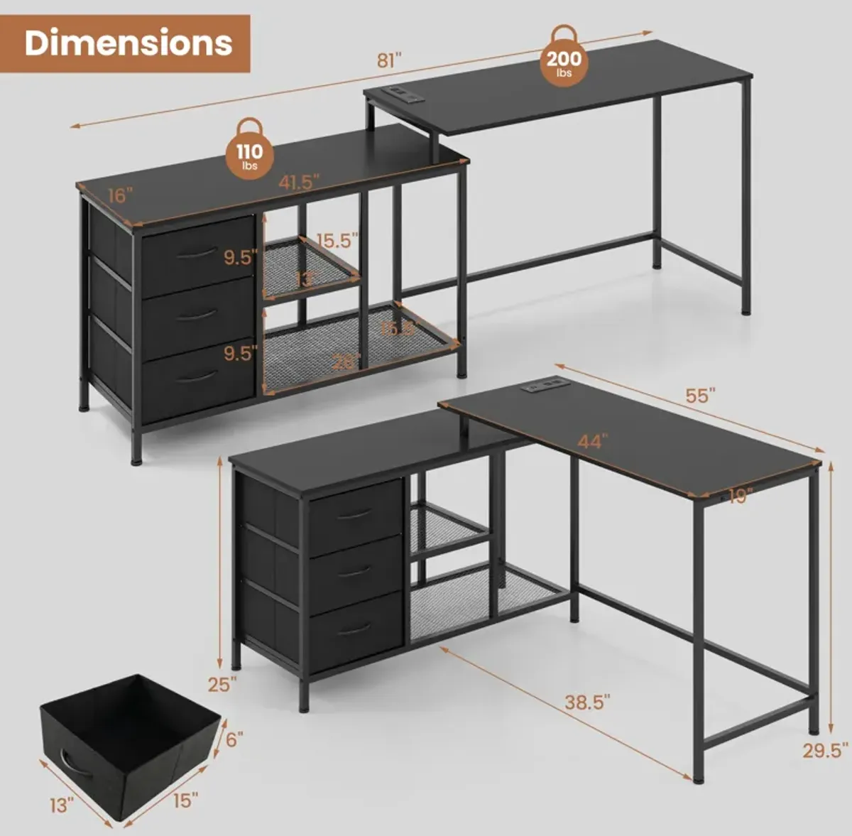 L-shaped Computer Desk with Power Outlet for Working Studying Gaming-Rustic Brown