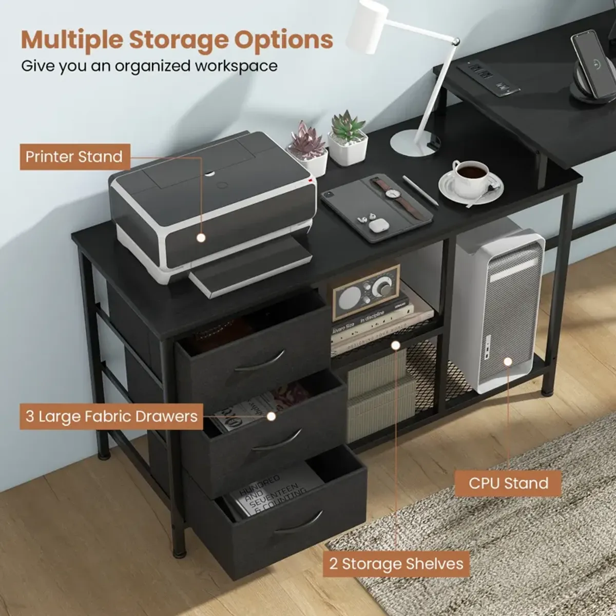 L-shaped Computer Desk with Power Outlet for Working Studying Gaming