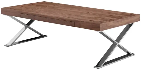Rix 48 Inch Coffee Table, 1 Drawer, X Shape Steel Legs, Walnut Brown Wood - Benzara