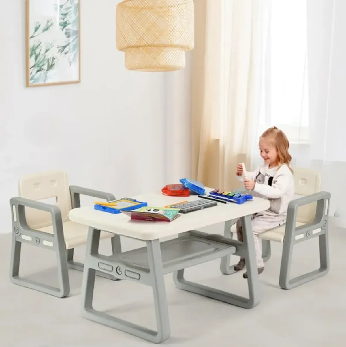 Hivvago Kids Table and 2 Chairs Set with Storage Shelf