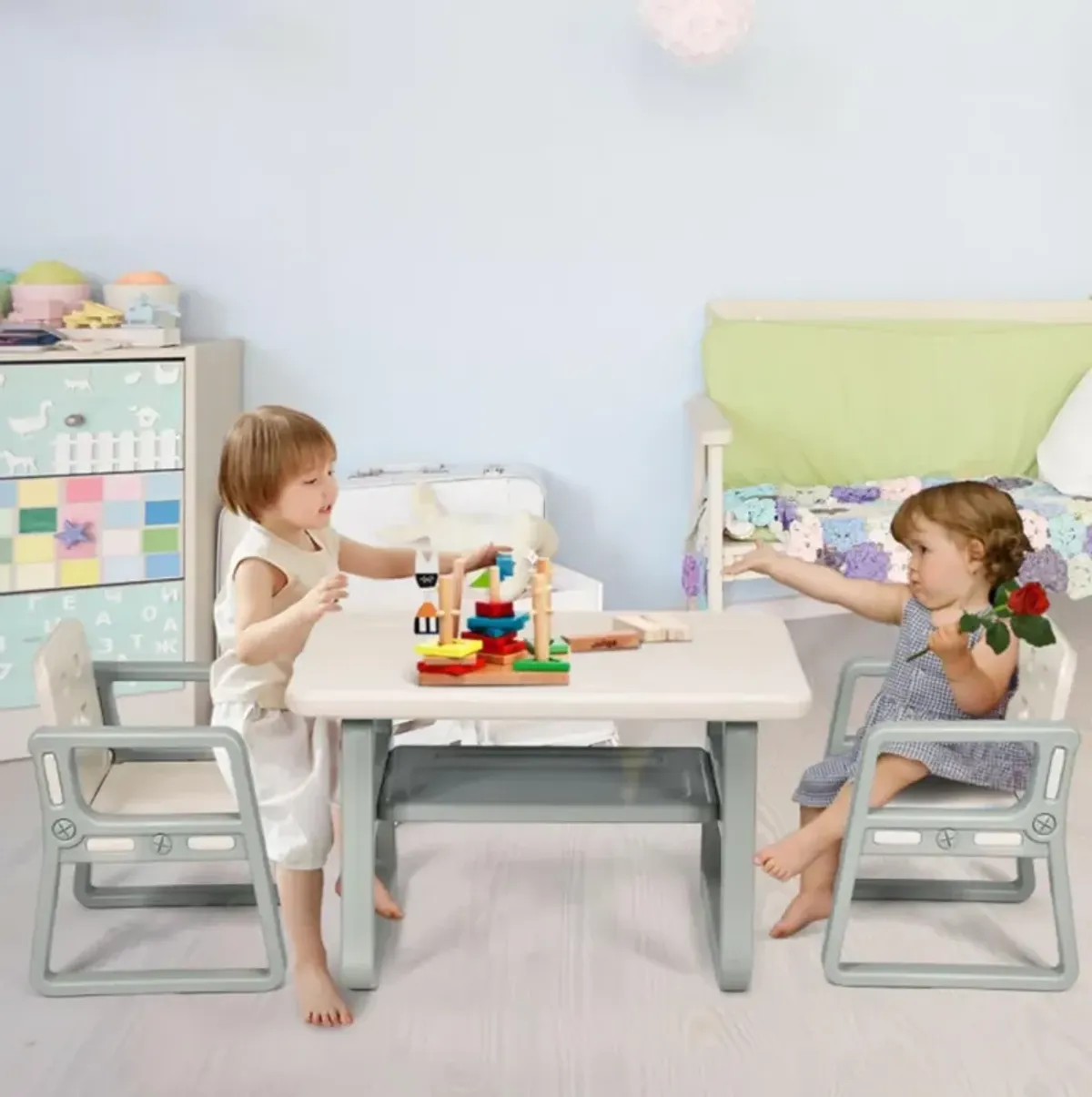 Hivvago Kids Table and 2 Chairs Set with Storage Shelf