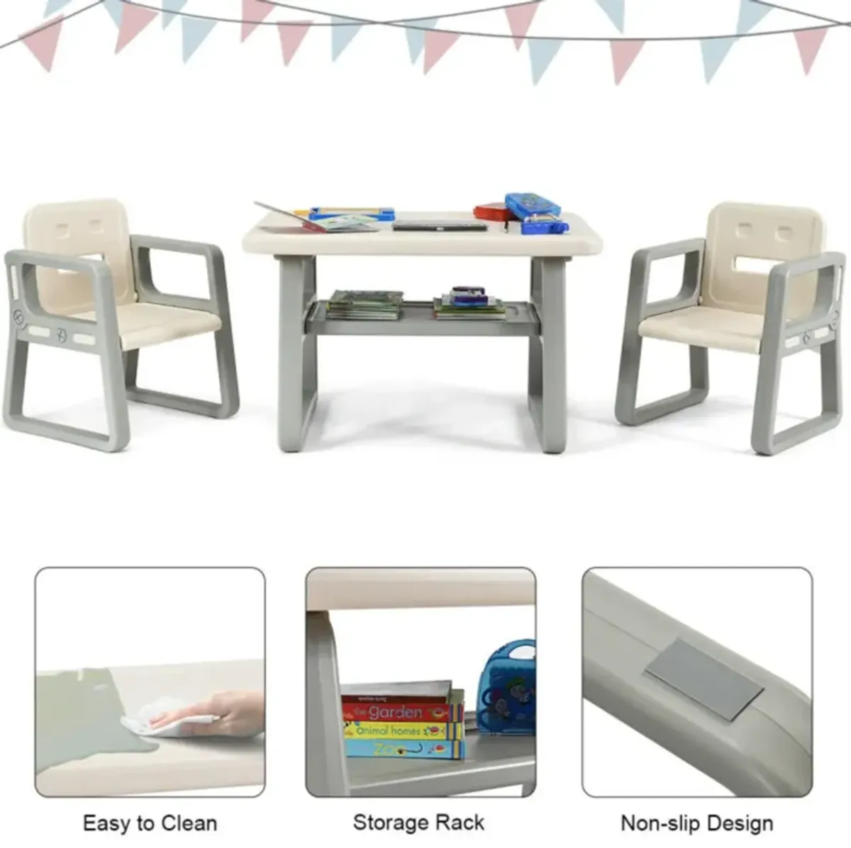 Hivvago Kids Table and 2 Chairs Set with Storage Shelf