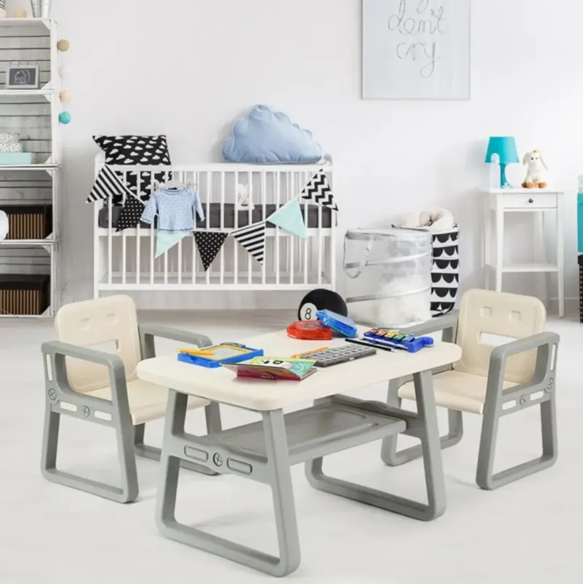 Hivvago Kids Table and 2 Chairs Set with Storage Shelf