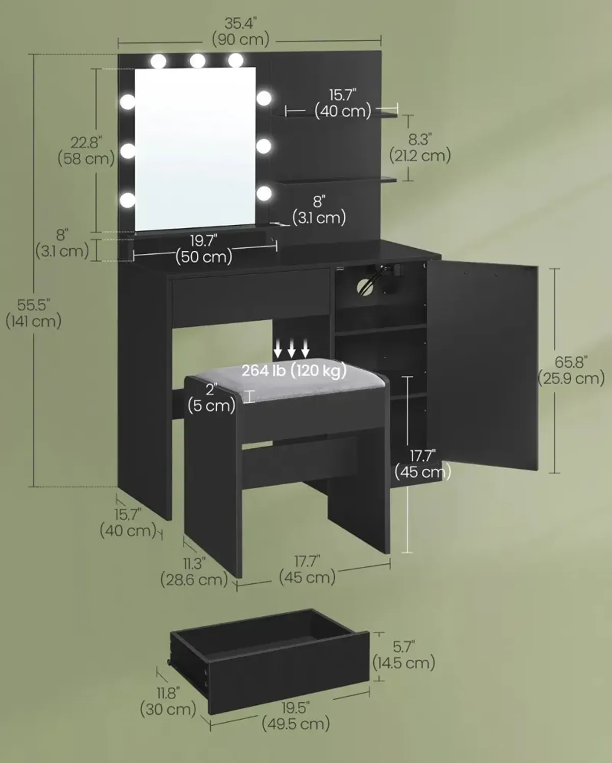 Vanity Desk with Mirror and Lights