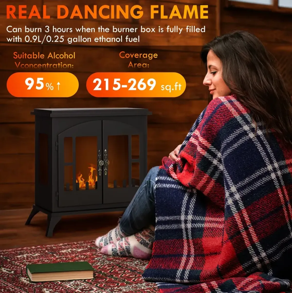 Black Ethanol Fireplace: Freestanding Stove, 3-Hour Burn Time