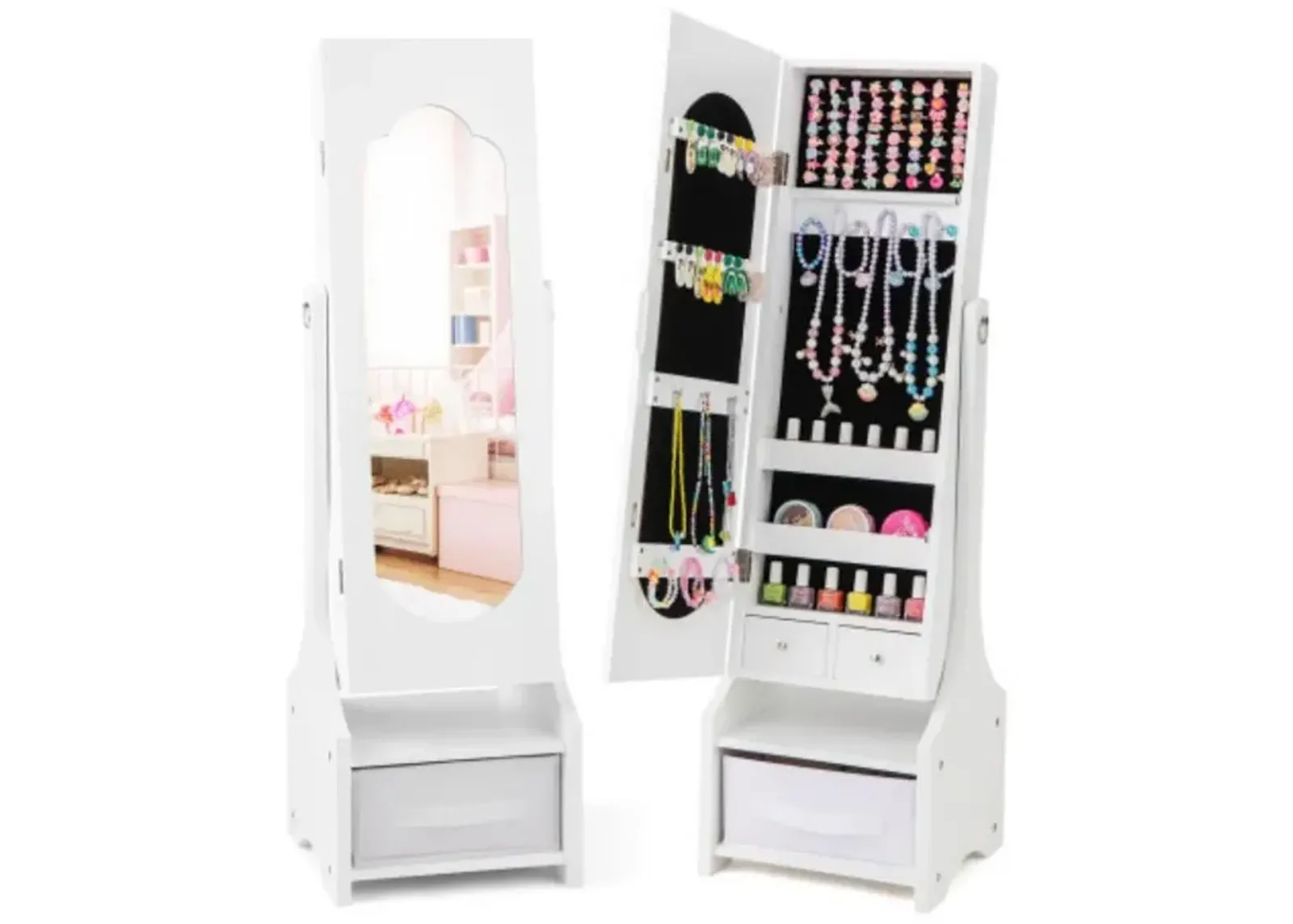 Freestanding Kids Jewelry Armoire Cabinet with Storage and 2 Tilt Angles