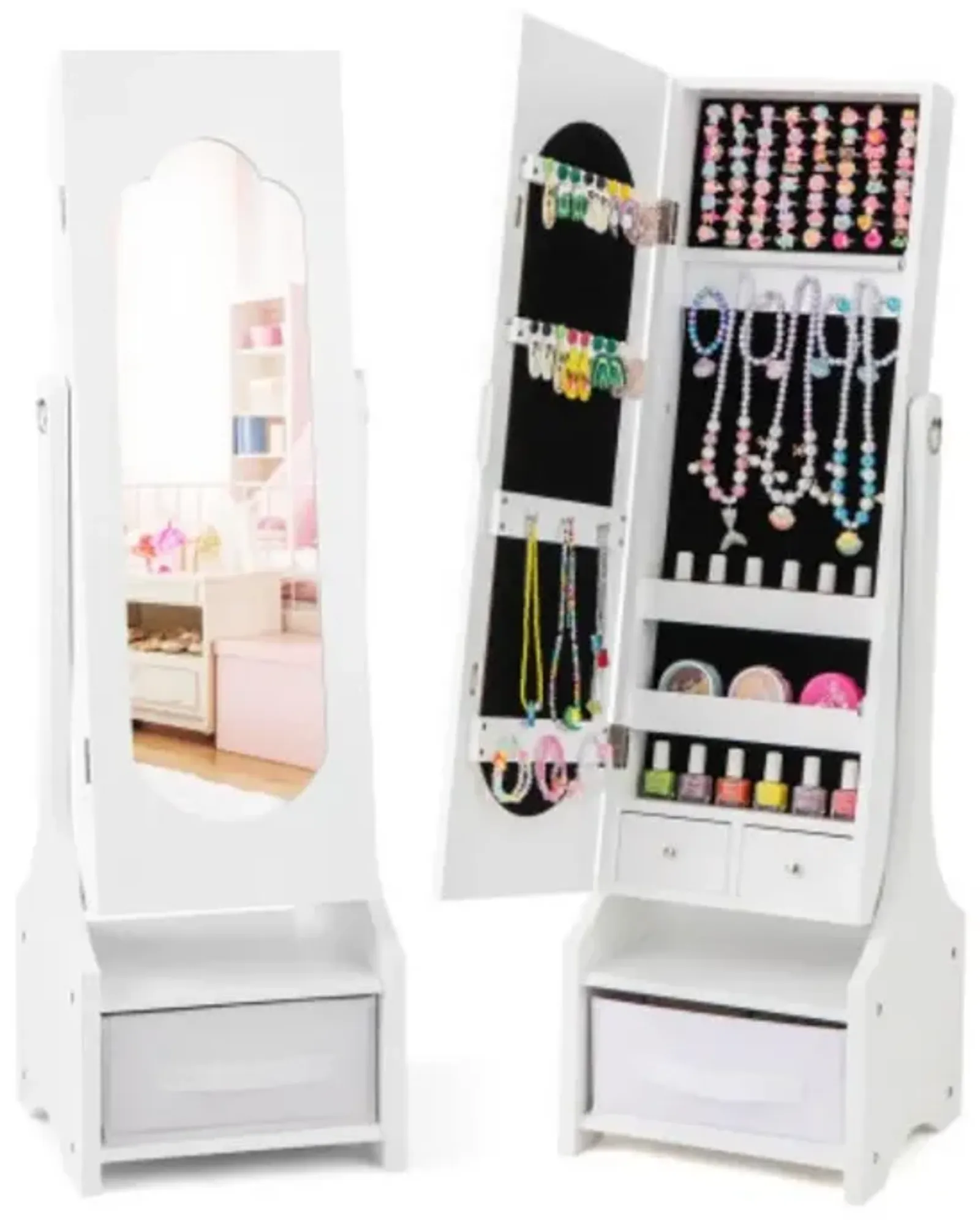 Freestanding Kids Jewelry Armoire Cabinet with Storage and 2 Tilt Angles