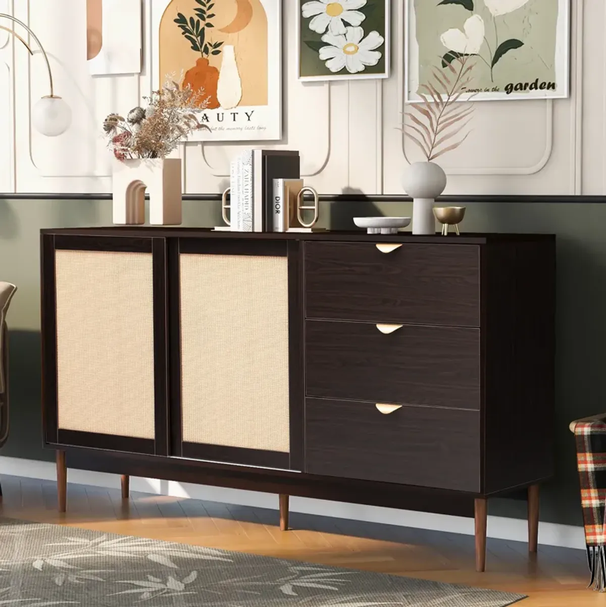 Featured Two-door Storage Cabinet With Three Drawers, Brown