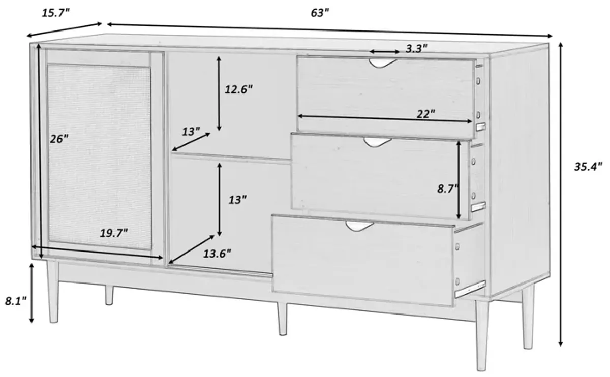 Featured Two-door Storage Cabinet With Three Drawers, Brown