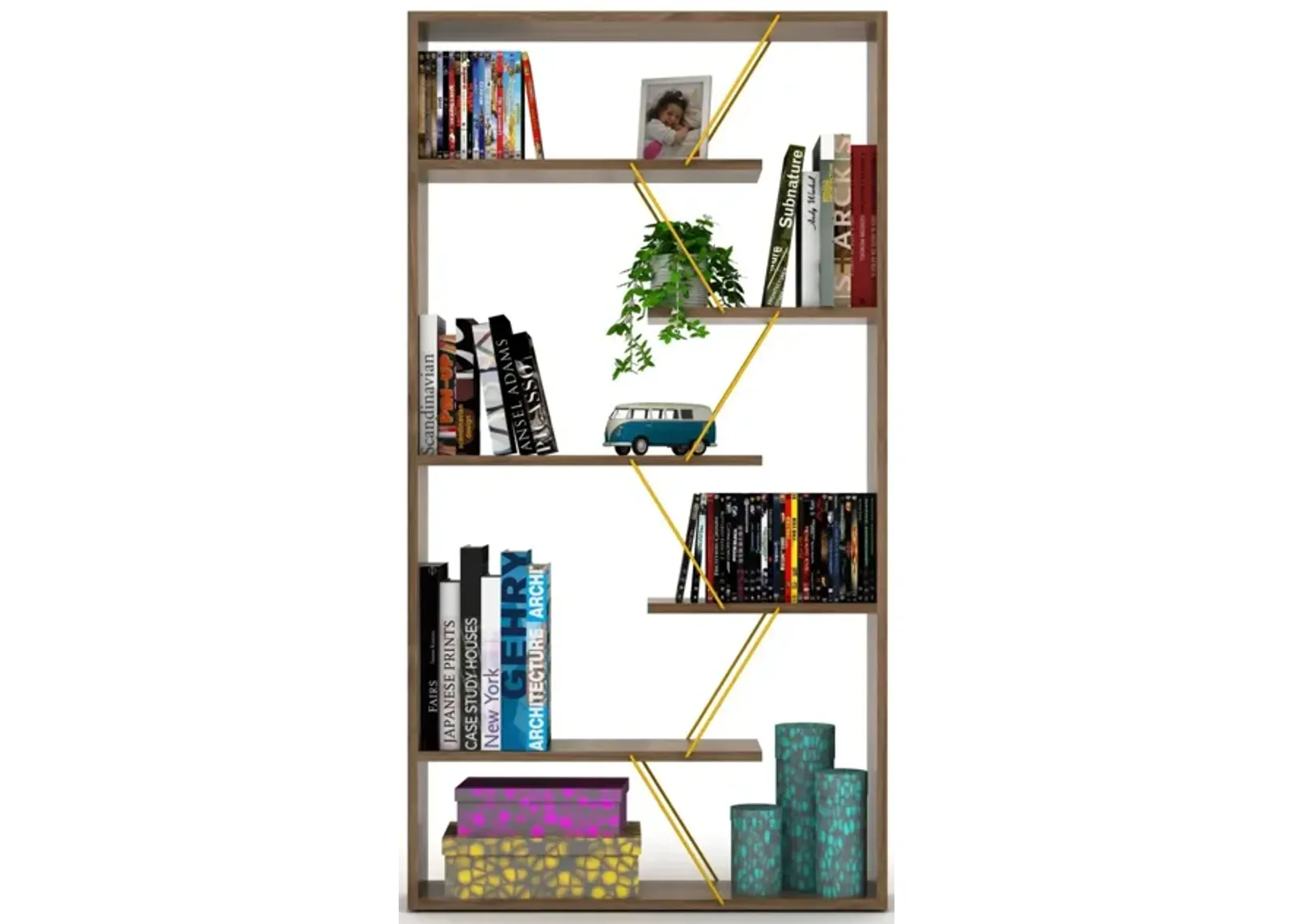 Wood Frame Etagere Open Back 6 Shelves Bookcase Industrial Bookshelf