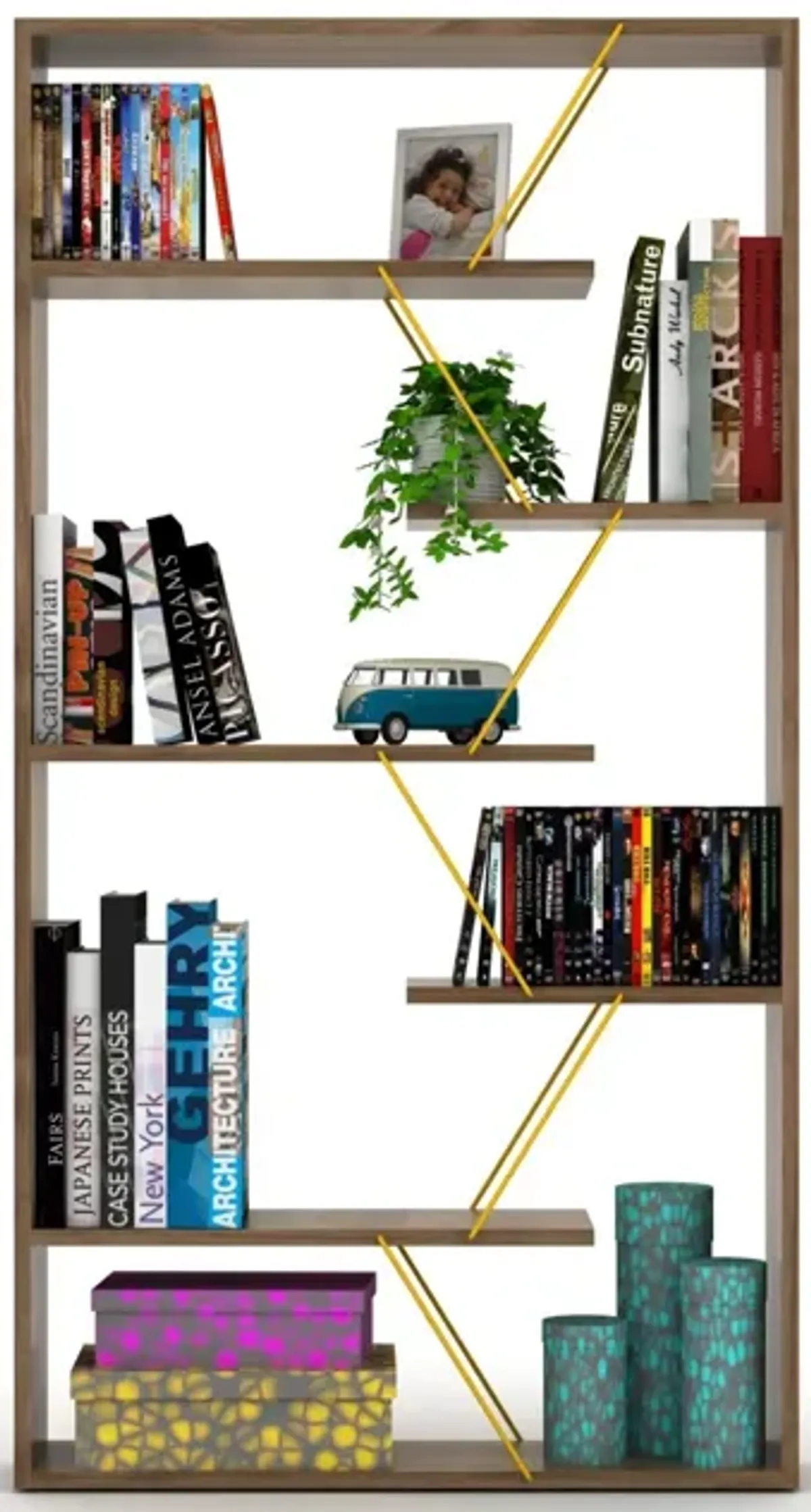 Wood Frame Etagere Open Back 6 Shelves Bookcase Industrial Bookshelf