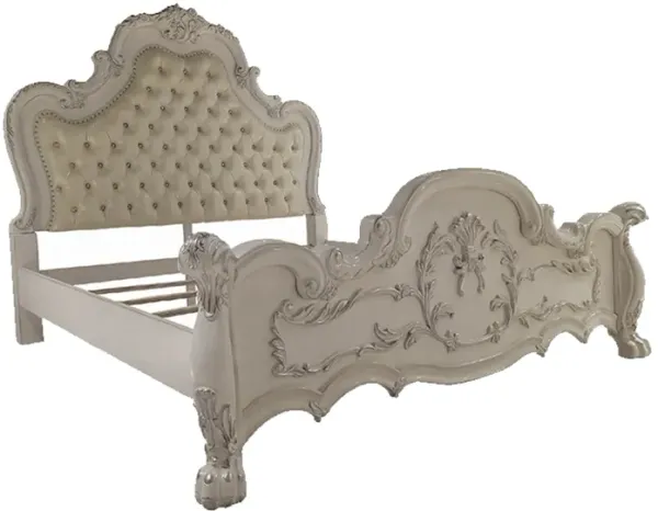 Ally California King Size Bed, White Faux Leather Victorian Carved - Benzara