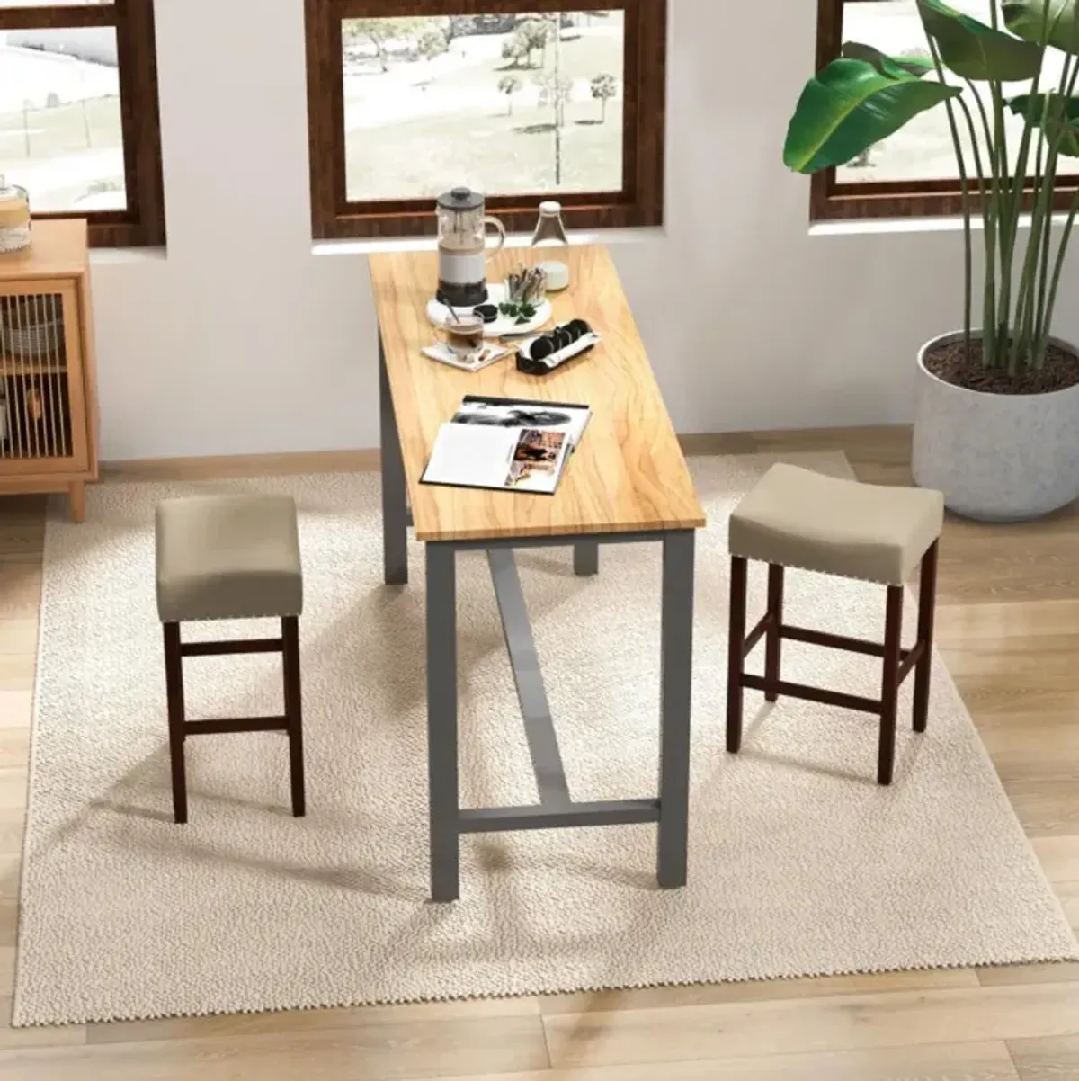 Hivvago Set of 2 25 Inch Bar Stool with Curved Seat Cushions