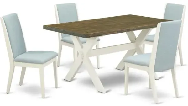 East West Furniture X076LA015-5 5Pc Dining Set Consists of a Wood Table and 4 Parson Dining Chairs with Baby Blue Color Linen Fabric, Medium Size Table with Full Back Chairs, Wirebrushed Linen White a