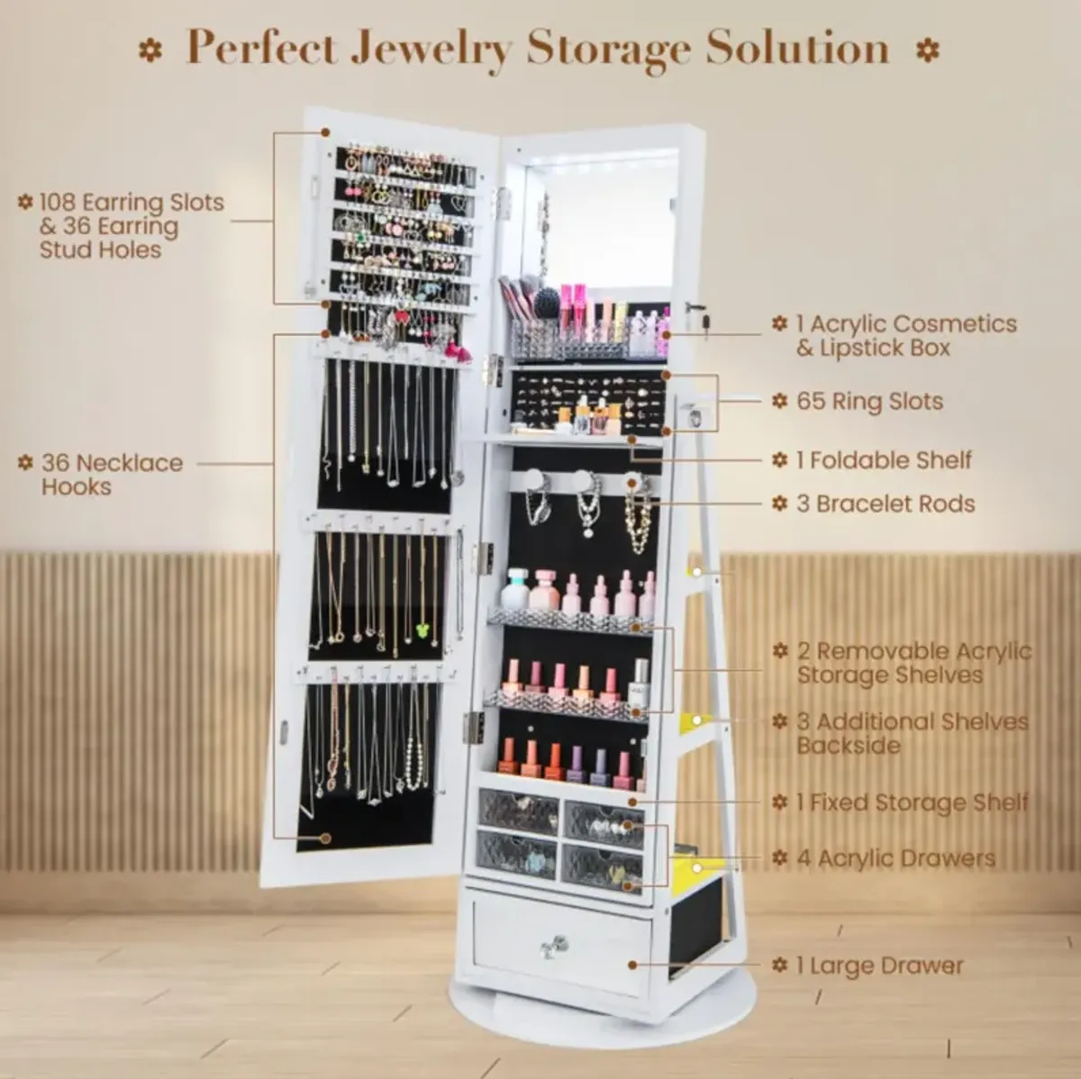 Hivvago Lockable 360� Swivel Jewelry Cabinet with Full-Length Mirror LED Lights