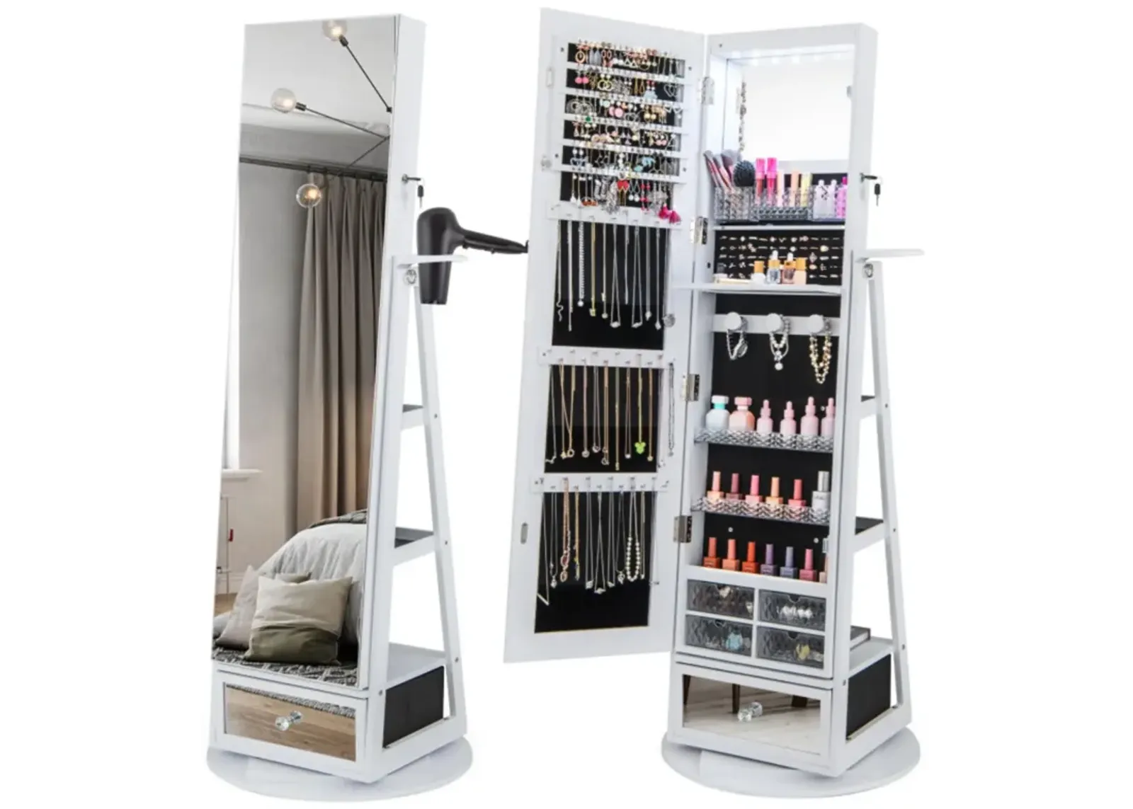 Hivvago Lockable 360� Swivel Jewelry Cabinet with Full-Length Mirror LED Lights