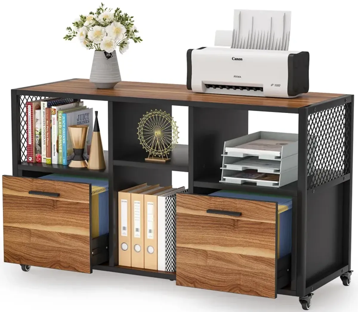 2 Drawer Wood File Cabinets, Modern Mobile Lateral Filing Cabinet for Letter/ A4 Size, Printer Stand with Open Storage Shelves and Drawer for Home Office, Rustic Walnut