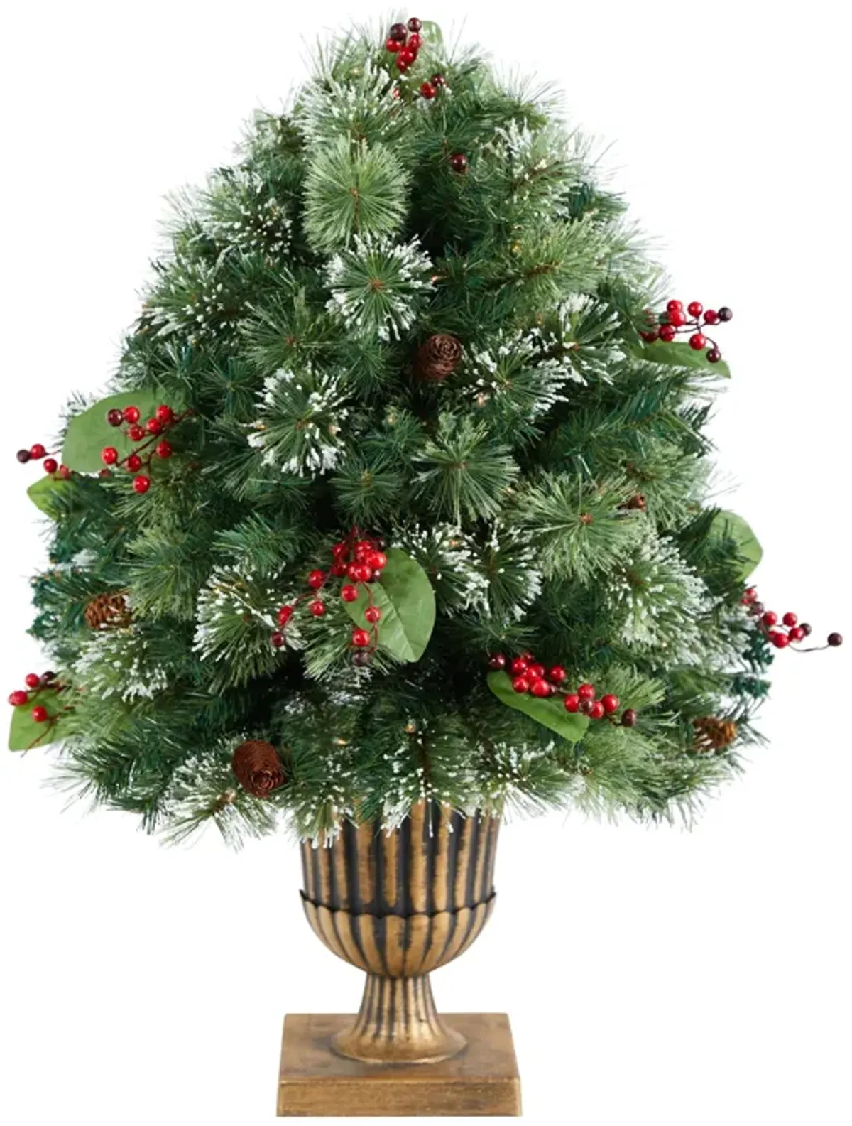 HomPlanti 3 Feet Holiday Pre-Lit Snow Tip Greenery, Berries and Pinecones Artificial Christmas Plant in Urn with 100 LED Lights, Indoor Outdoor Patio Porch Decor