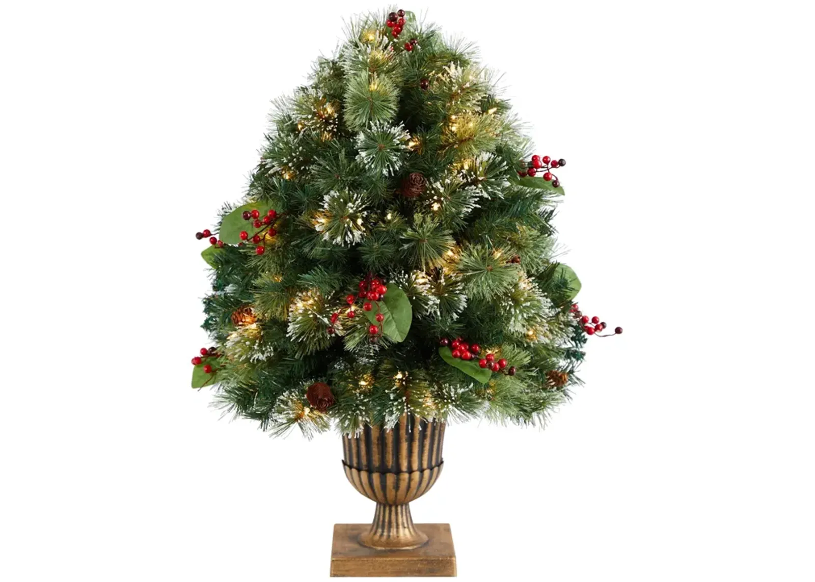 HomPlanti 3 Feet Holiday Pre-Lit Snow Tip Greenery, Berries and Pinecones Artificial Christmas Plant in Urn with 100 LED Lights, Indoor Outdoor Patio Porch Decor