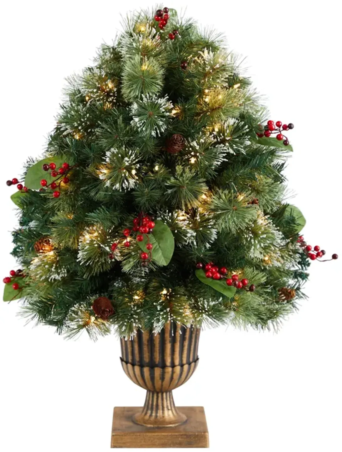 HomPlanti 3 Feet Holiday Pre-Lit Snow Tip Greenery, Berries and Pinecones Artificial Christmas Plant in Urn with 100 LED Lights, Indoor Outdoor Patio Porch Decor