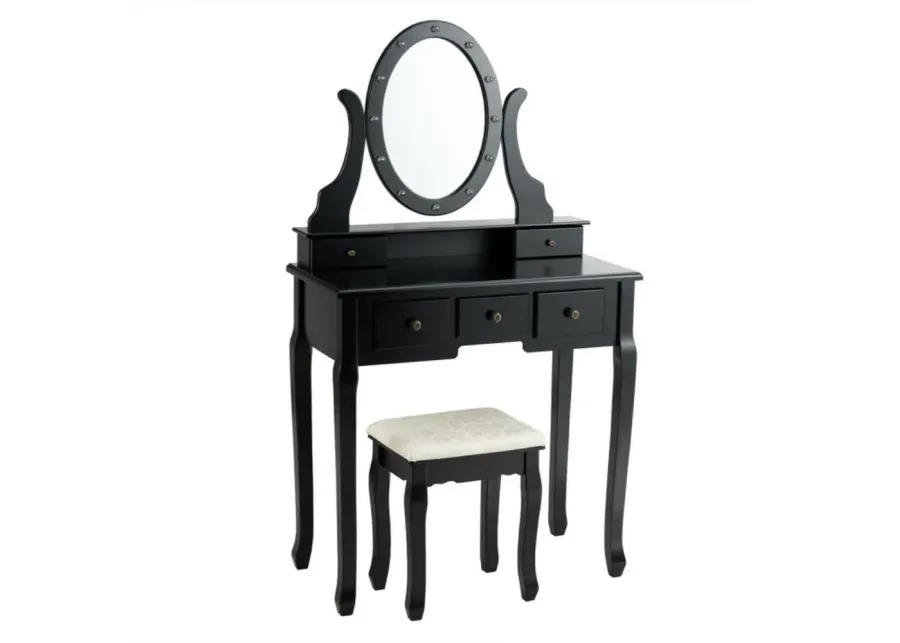 5 Drawers Vanity Table Stool Set with 12-LED Bulbs-Black