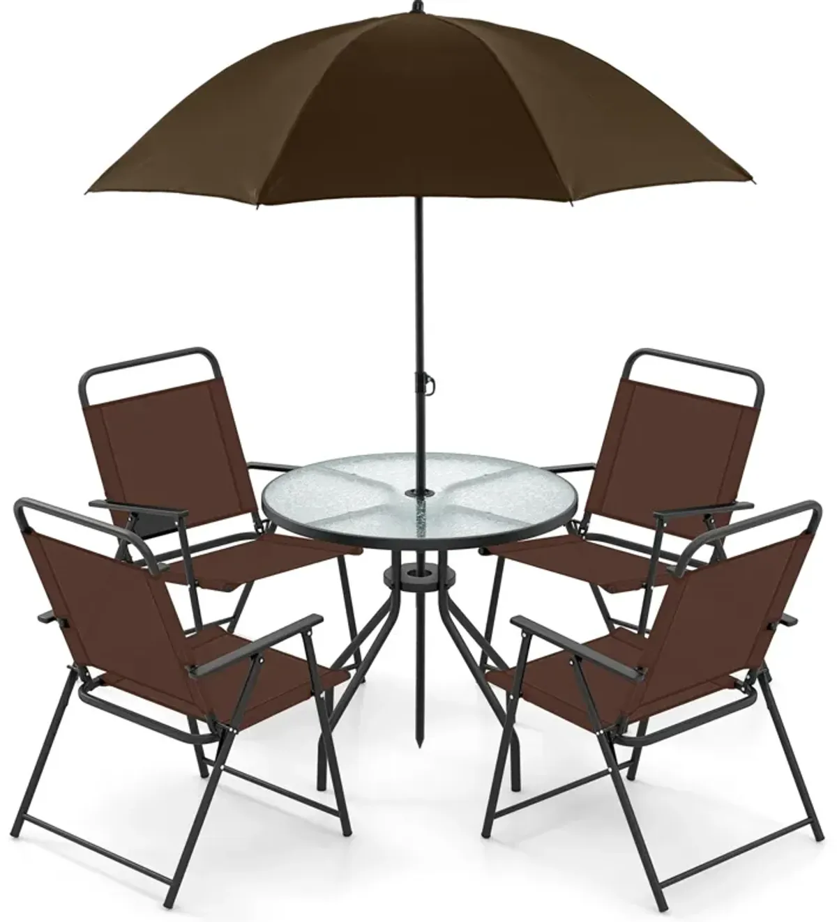 6 Pieces Patio Dining Set Folding Chairs Glass Table Tilt Umbrella for Garden