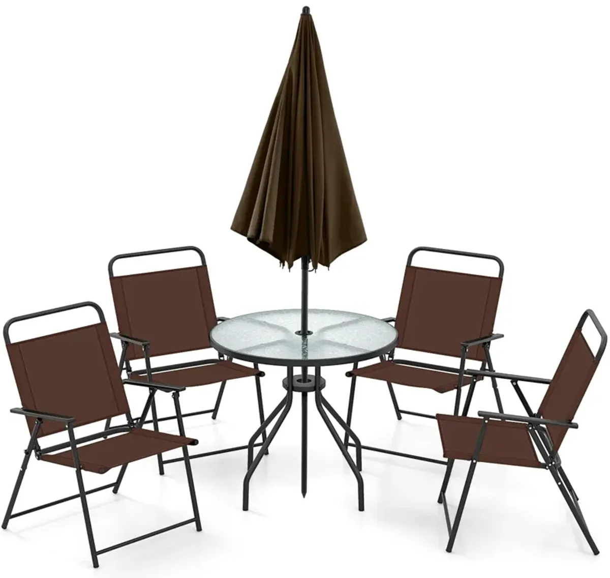 6 Pieces Patio Dining Set Folding Chairs Glass Table Tilt Umbrella for Garden