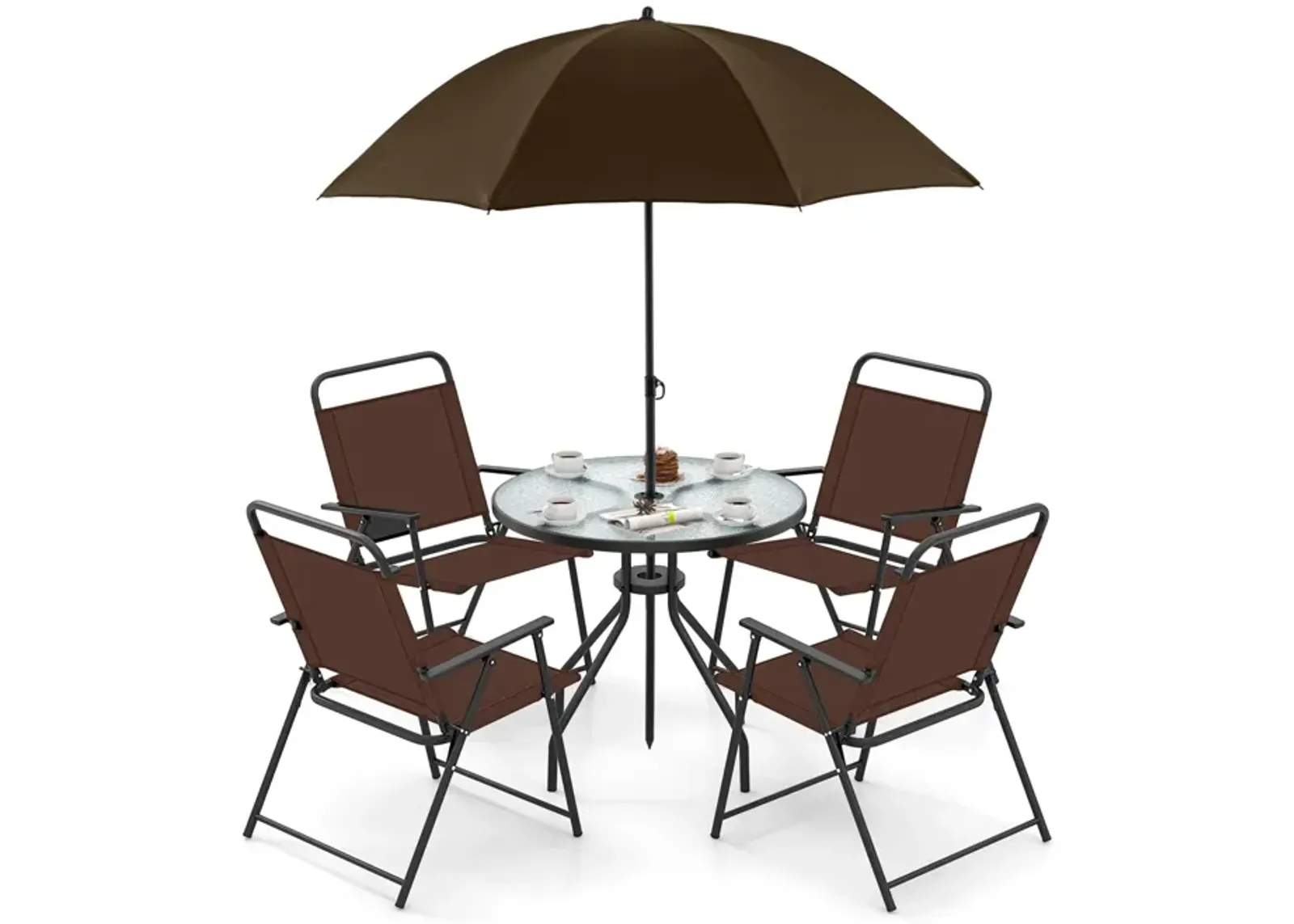 6 Pieces Patio Dining Set Folding Chairs Glass Table Tilt Umbrella for Garden