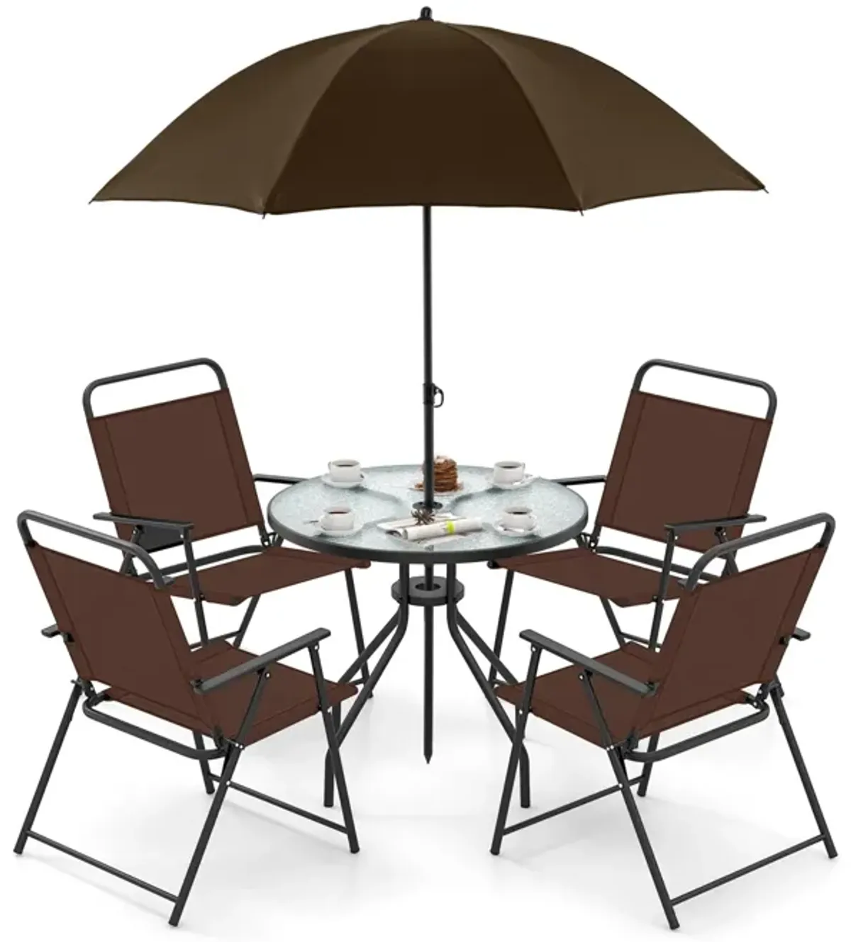 6 Pieces Patio Dining Set Folding Chairs Glass Table Tilt Umbrella for Garden