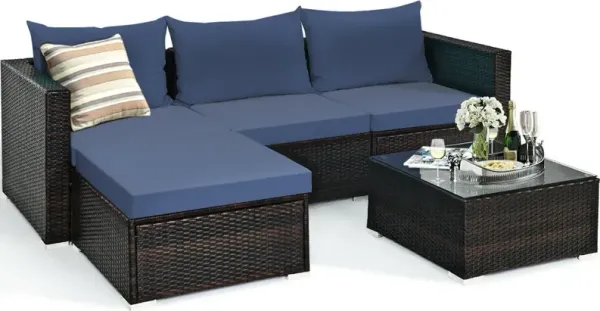 5 Pieces Patio Rattan Sectional Furniture Set with Cushions and Coffee Table
