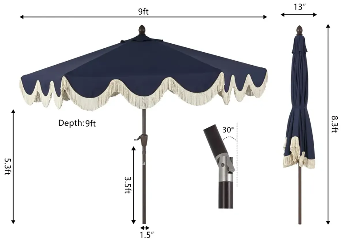 Collins Classic Cottage Tassel Market Patio Umbrella with Auto-Tilt, Crank, Wind Vent and UV Protection