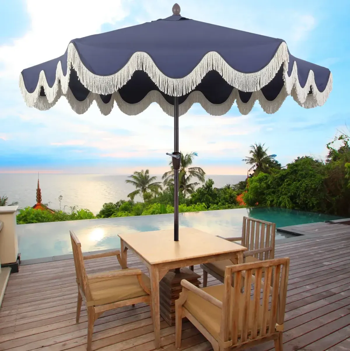 Collins Classic Cottage Tassel Market Patio Umbrella with Auto-Tilt, Crank, Wind Vent and UV Protection