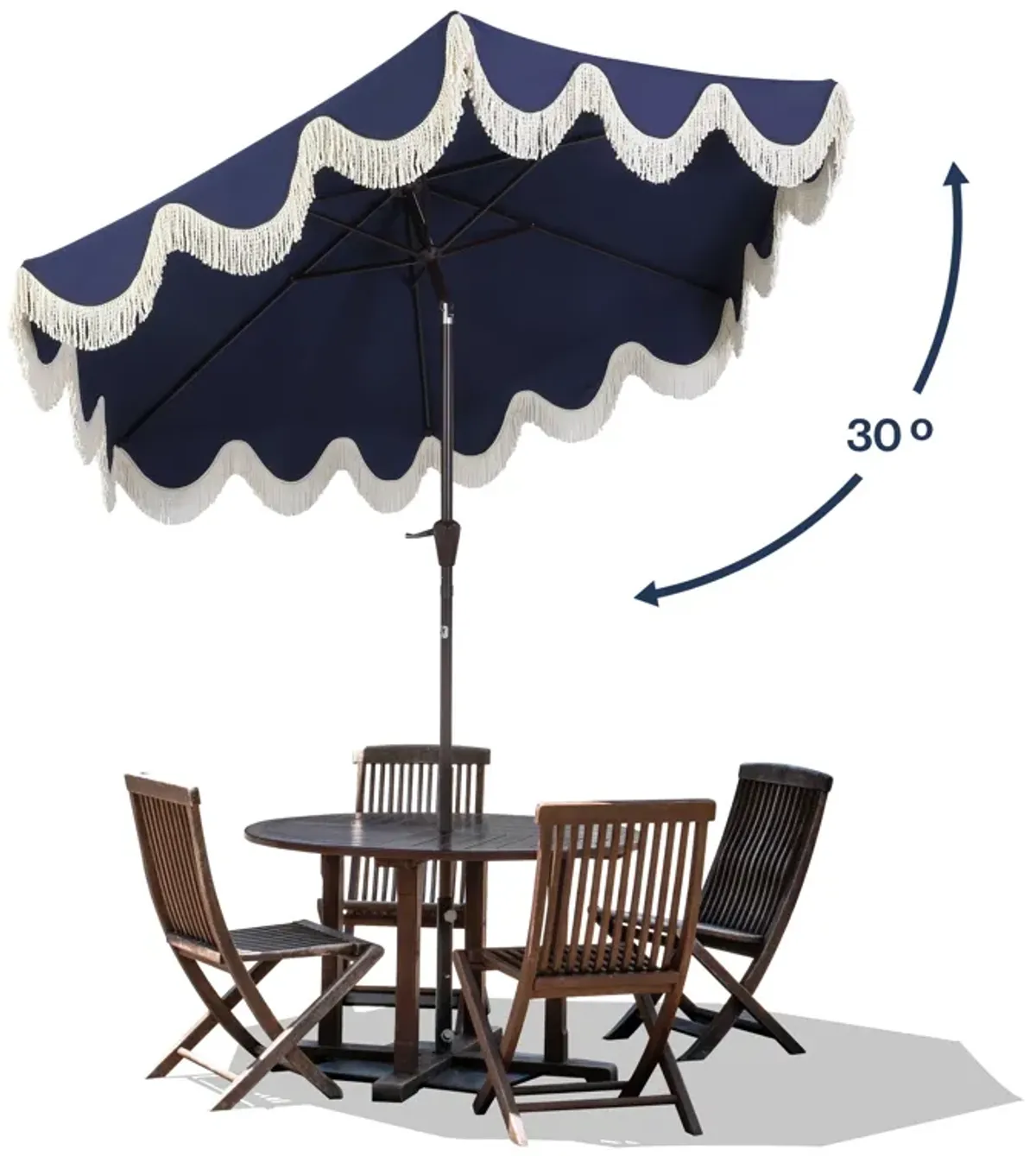 Collins Classic Cottage Tassel Market Patio Umbrella with Auto-Tilt, Crank, Wind Vent and UV Protection