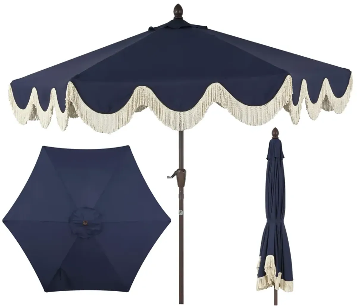 Collins Classic Cottage Tassel Market Patio Umbrella with Auto-Tilt, Crank, Wind Vent and UV Protection