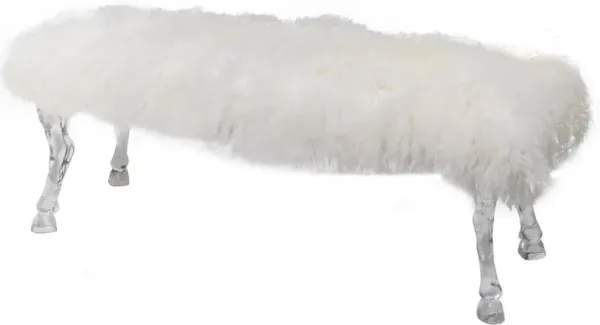 49 Inch Modern Accent Bench, Faux Fur Upholstered, Hooved Legs, All White - Benzara