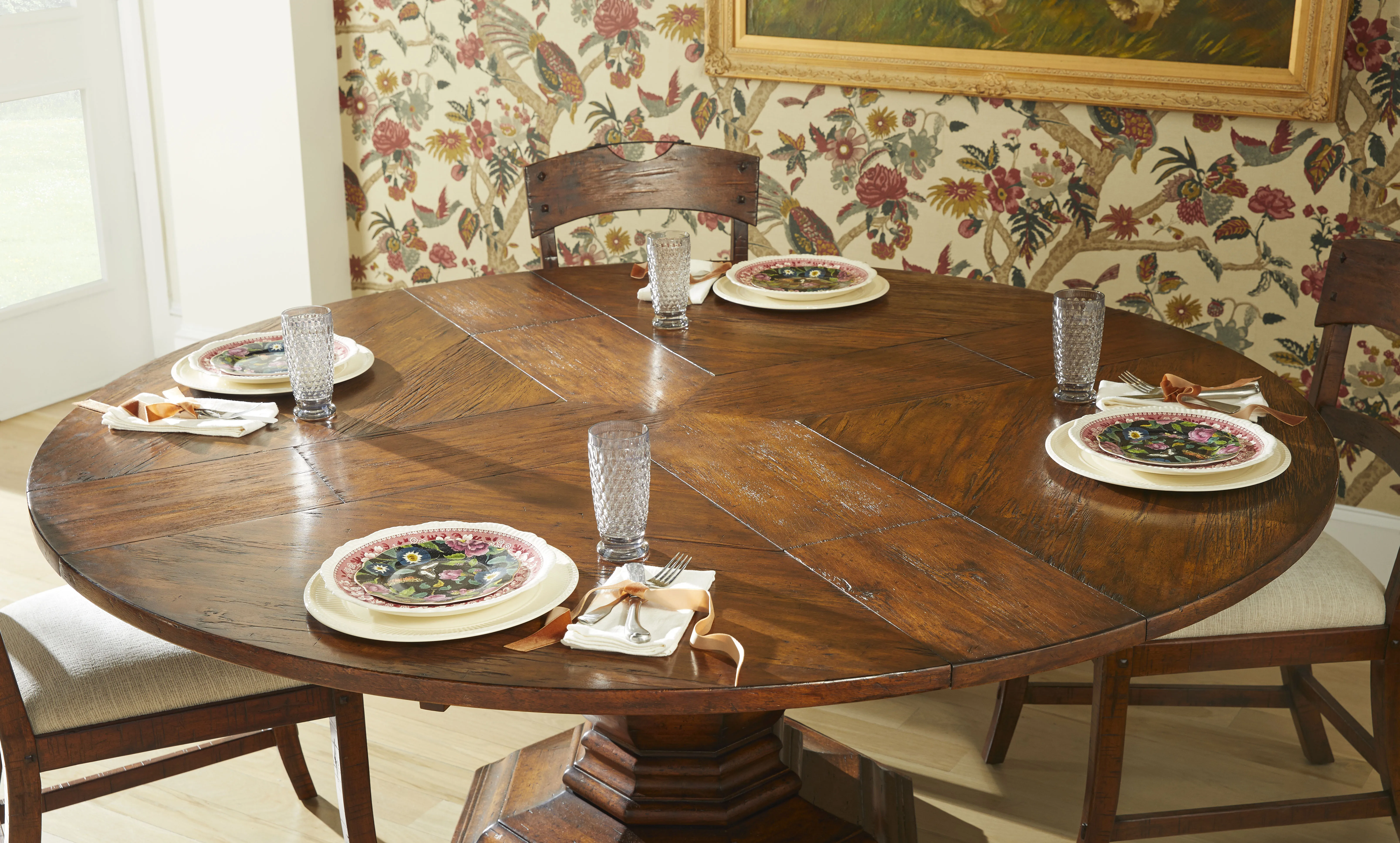 Country Walnut Round Extendable Dining Table