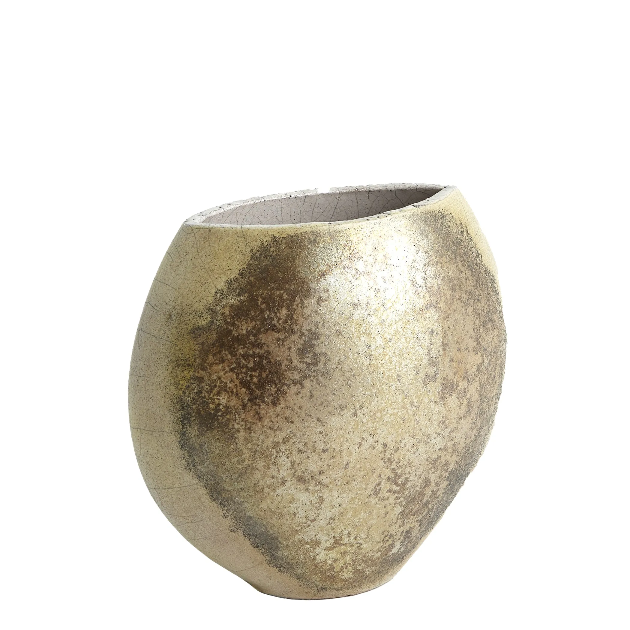 Golden Raku Flat Round Vase