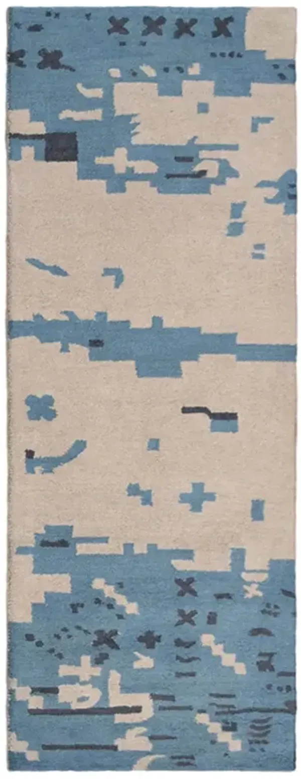 RUGSOTIC CARPETS HAND TUFTED WOOL ECO-FRIENDLY AREA RUGS  - 2'6"x8', Runner Shape, Beige & Blue, Abstract Modern Design, High Pile Thick Handmade Area Rugs for Living Room, Bed Room (K00702)