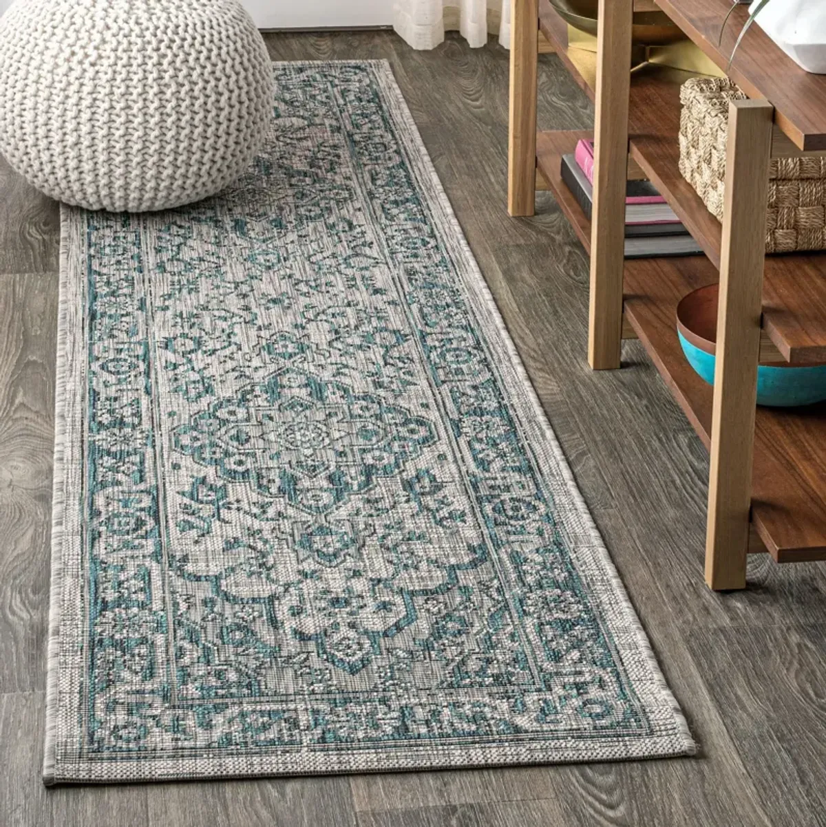 Rozetta Boho Medallion Textured Weave Gray/Black. Indoor/Outdoor Runner Rug