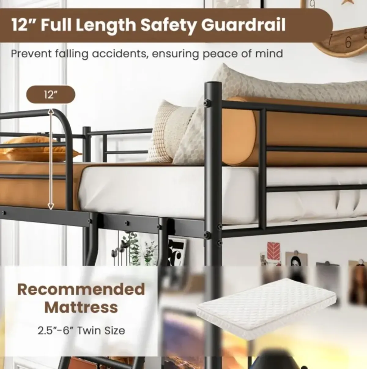 Hivvago Twin Size Loft Bed Metal Bed Frame with Ladder and Guardrails-Black