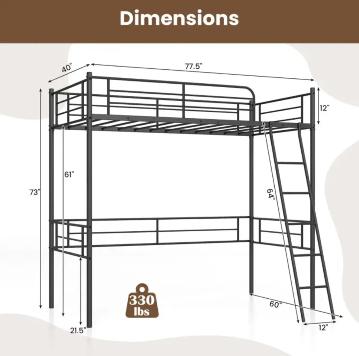 Hivvago Twin Size Loft Bed Metal Bed Frame with Ladder and Guardrails-Black