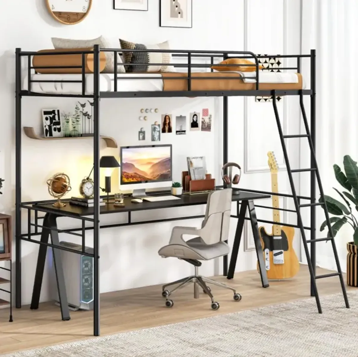 Hivvago Twin Size Loft Bed Metal Bed Frame with Ladder and Guardrails-Black