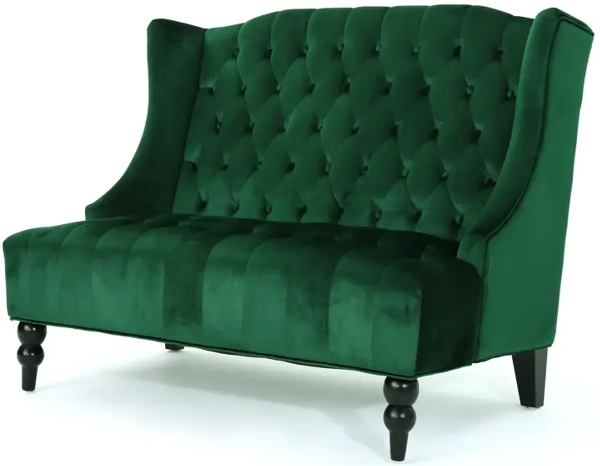 Lanny Loveseat Settee, Wingback Bench 50 Inch Wood, Tufted Green Velvet - Benzara