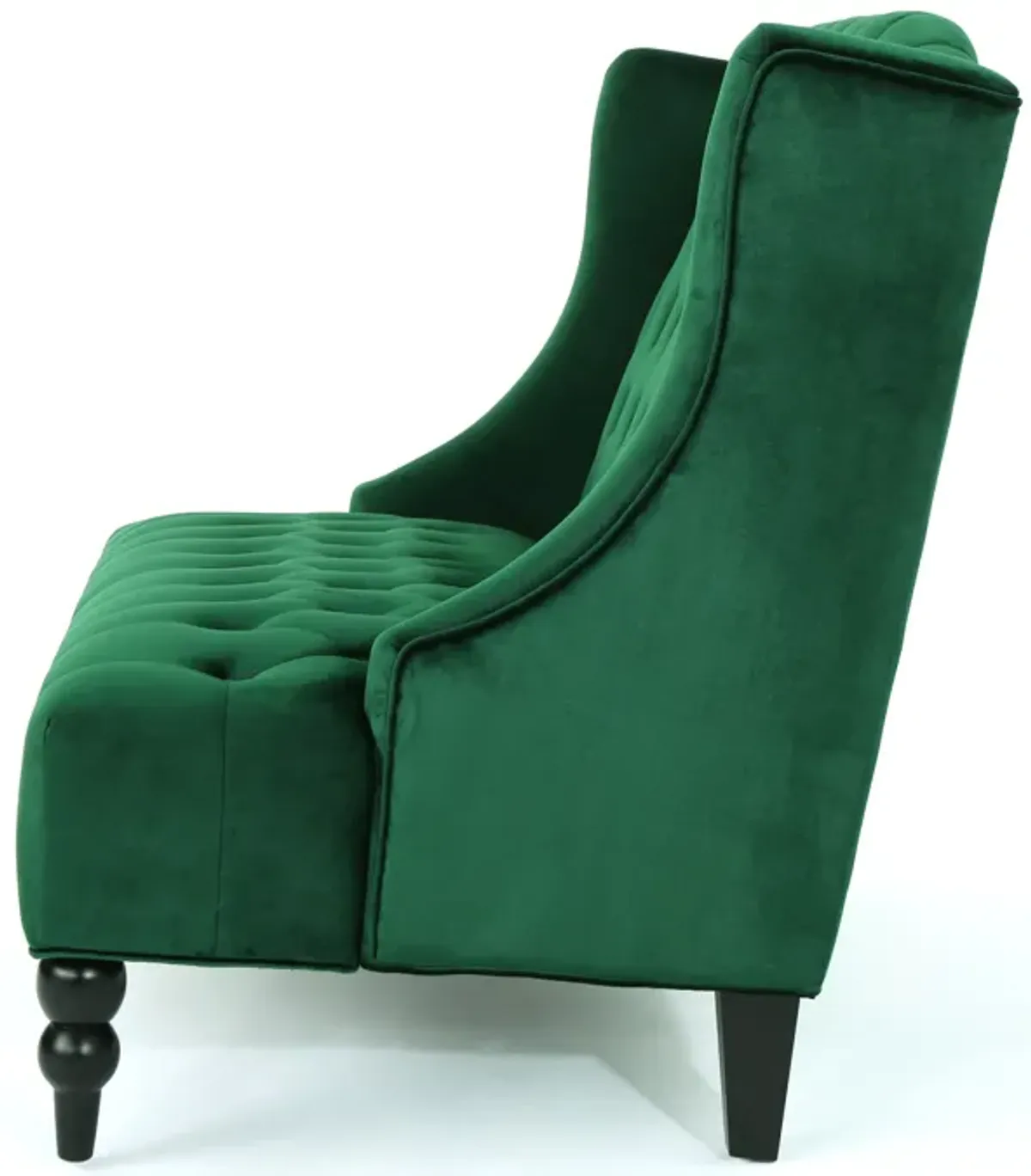 Lanny Loveseat Settee, Wingback Bench 50 Inch Wood, Tufted Green Velvet - Benzara