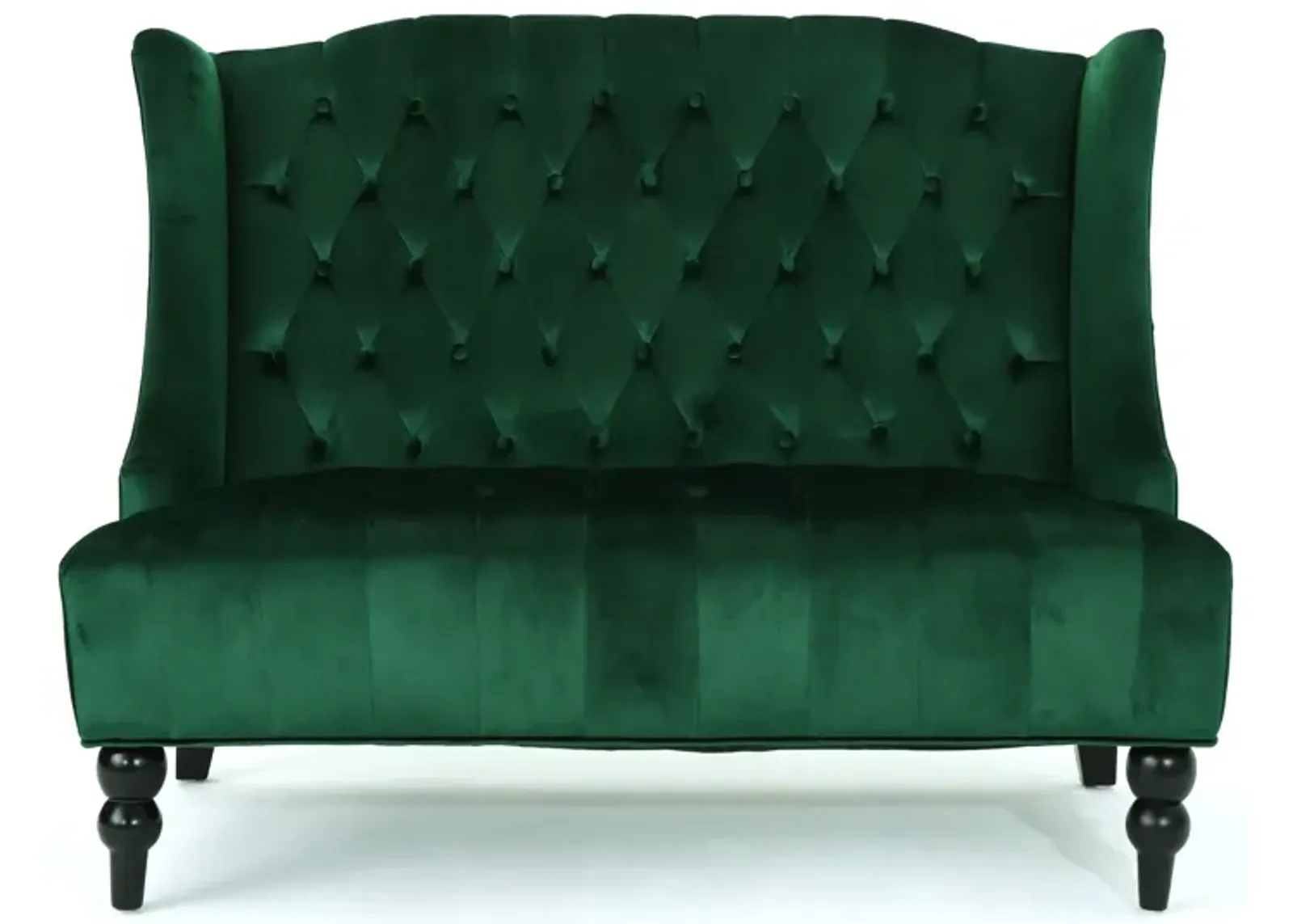 Lanny Loveseat Settee, Wingback Bench 50 Inch Wood, Tufted Green Velvet - Benzara