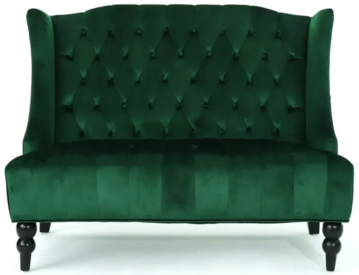 Lanny Loveseat Settee, Wingback Bench 50 Inch Wood, Tufted Green Velvet - Benzara