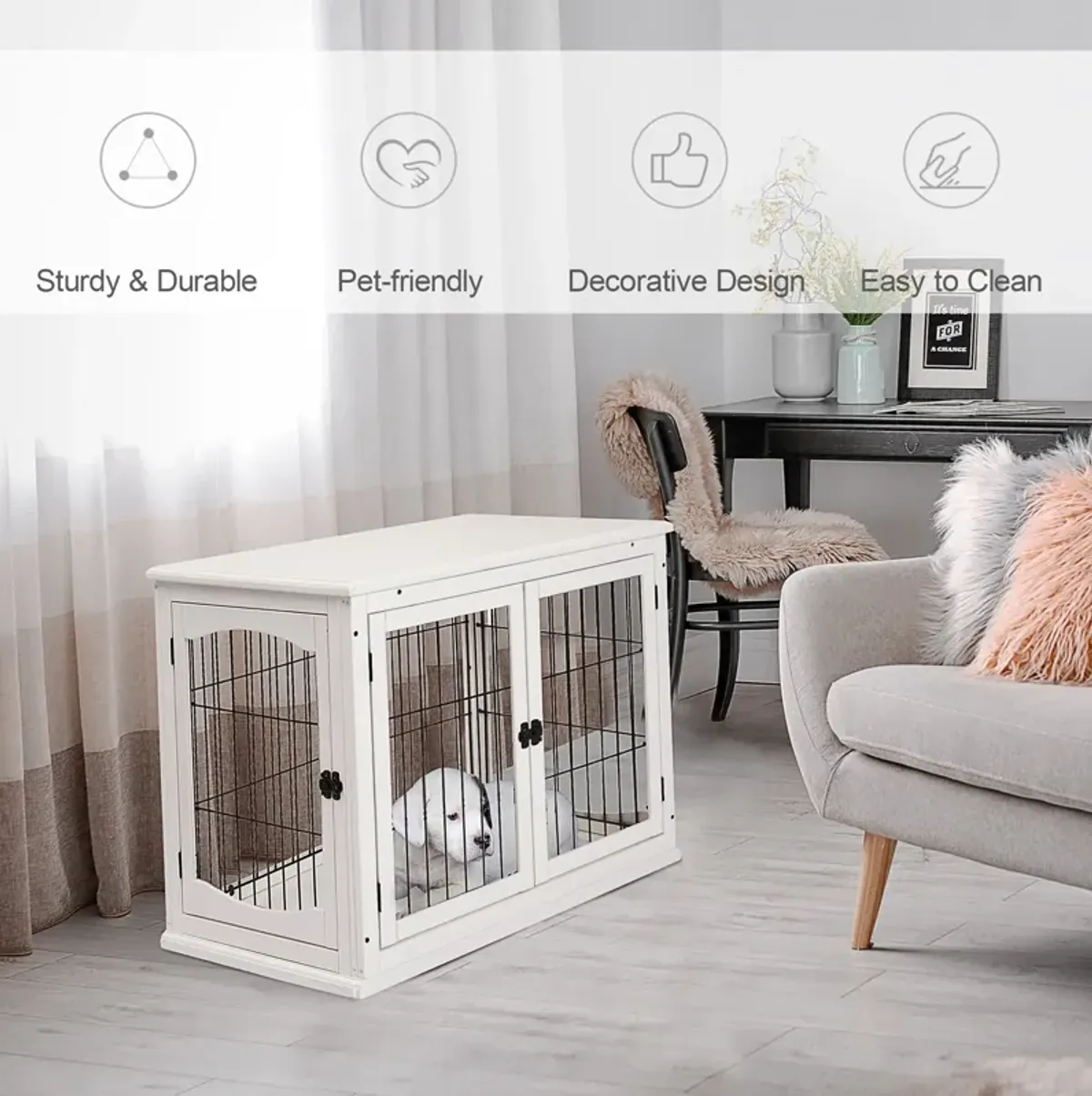 White Pet Furniture: 26" Wooden Dog Crate End Table with Doors