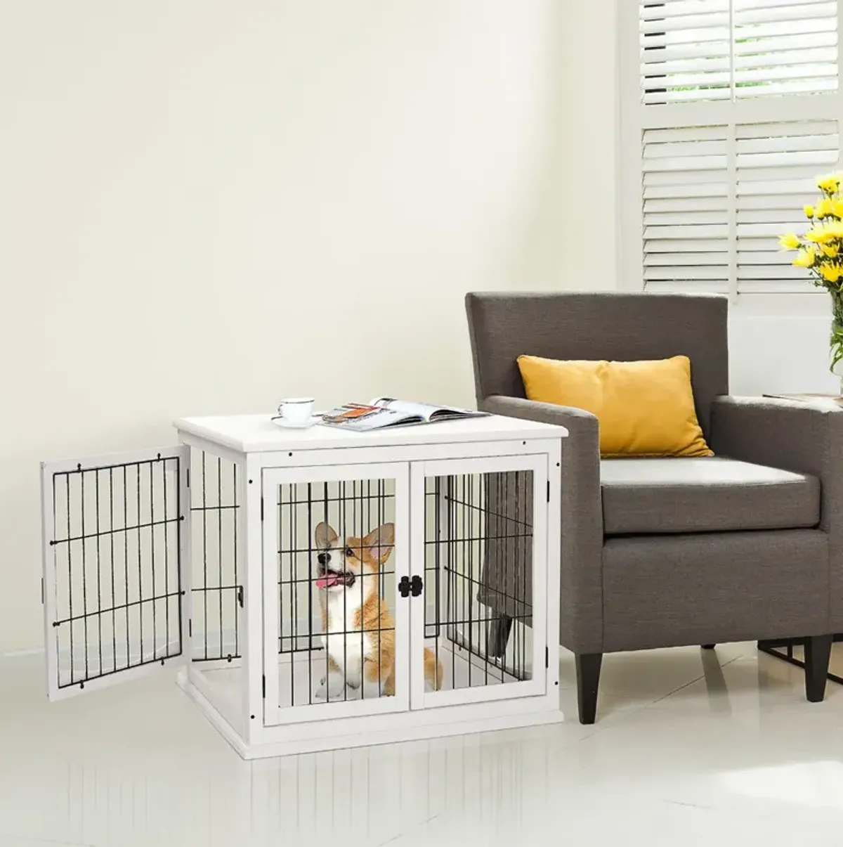 White Pet Furniture: 26" Wooden Dog Crate End Table with Doors