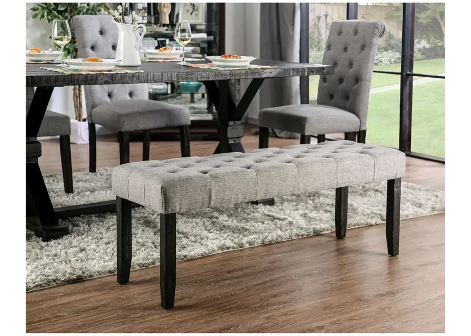 Light Gray Tufted Fabric Bench Chair