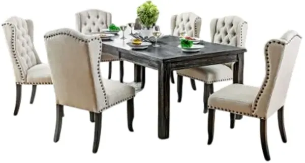 Bega 9pc Dining Table and Wingback Chair Set, Beige Linen, Black Wood - Benzara